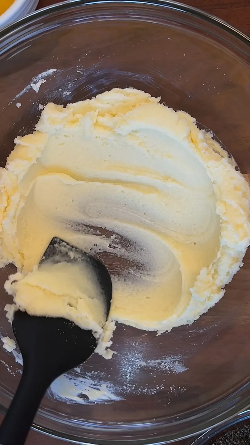 Butter and sugar creamed together until light and fluffy in a glass mixing bowl
