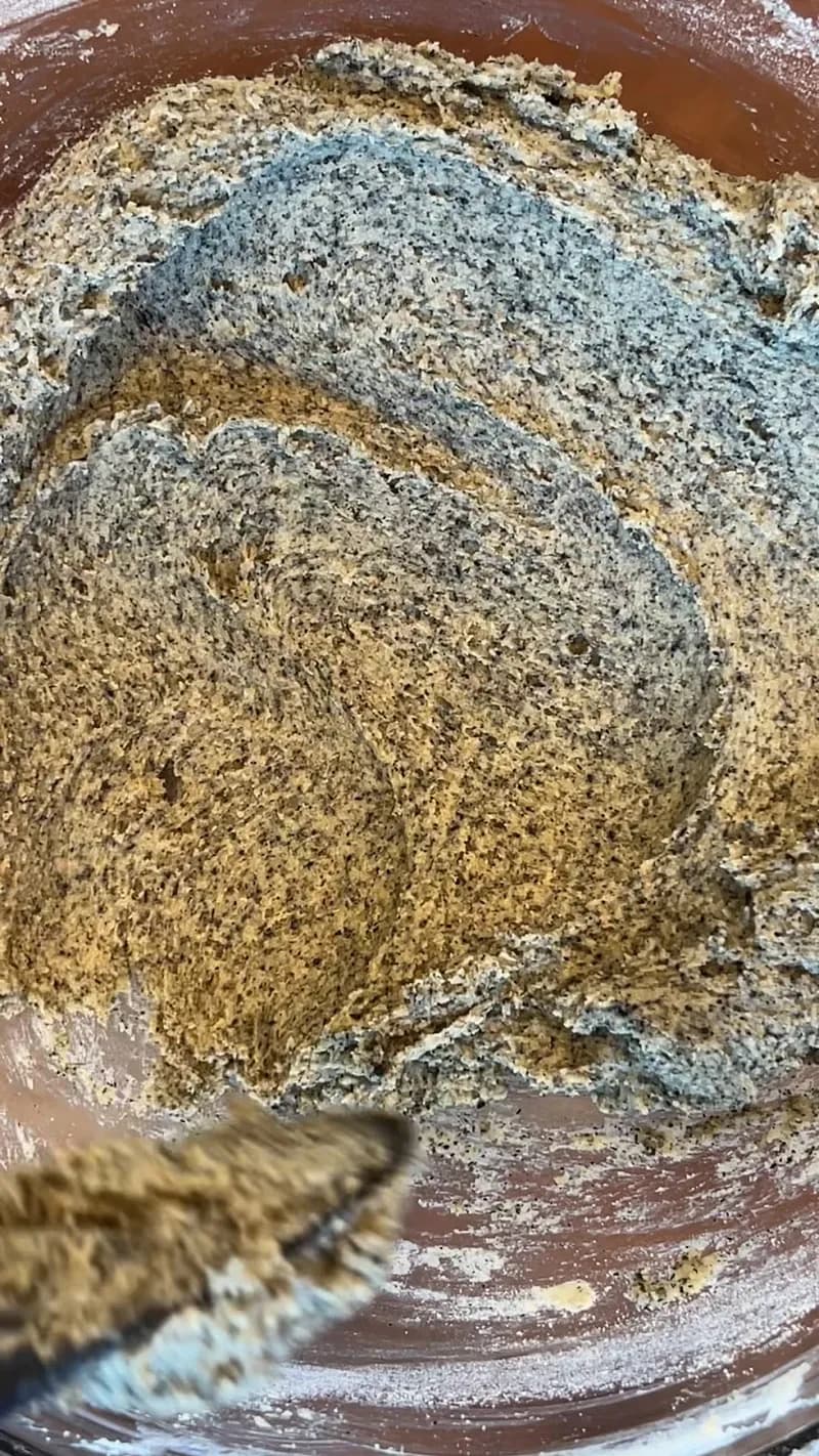 Black sesame cookie dough fully combined — dry and wet ingredients mixed together