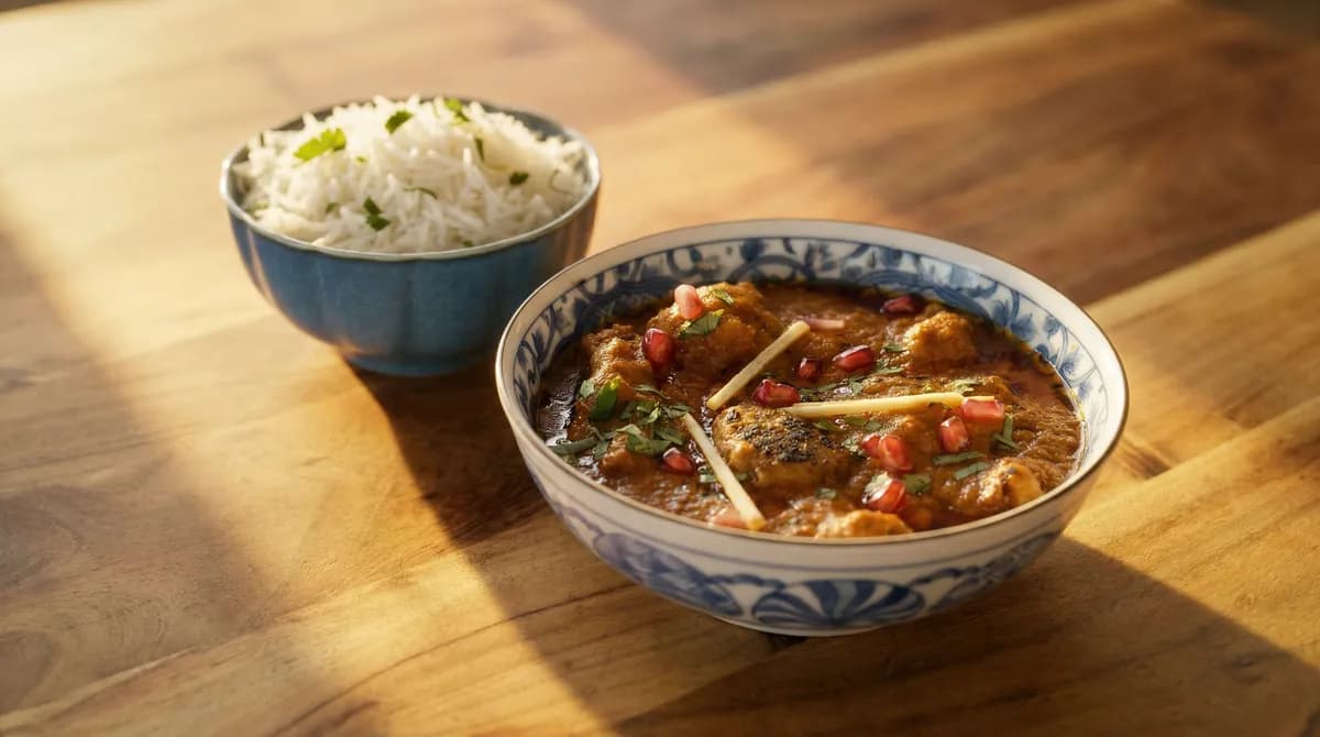 Dishoom's Chicken Ruby butter chicken in a rich tomato cream sauce garnished with cilantro and pomegranate seeds