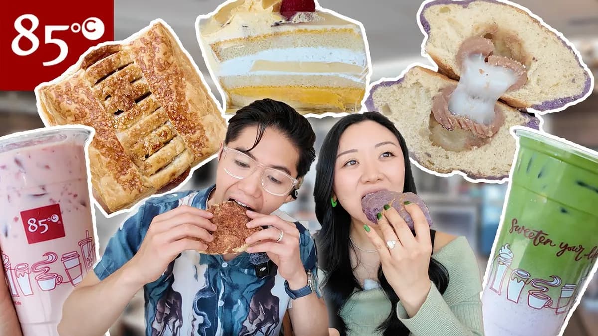 Jasmine Pak and George standing outside 85°C Bakery in Irvine California holding pastries and drinks