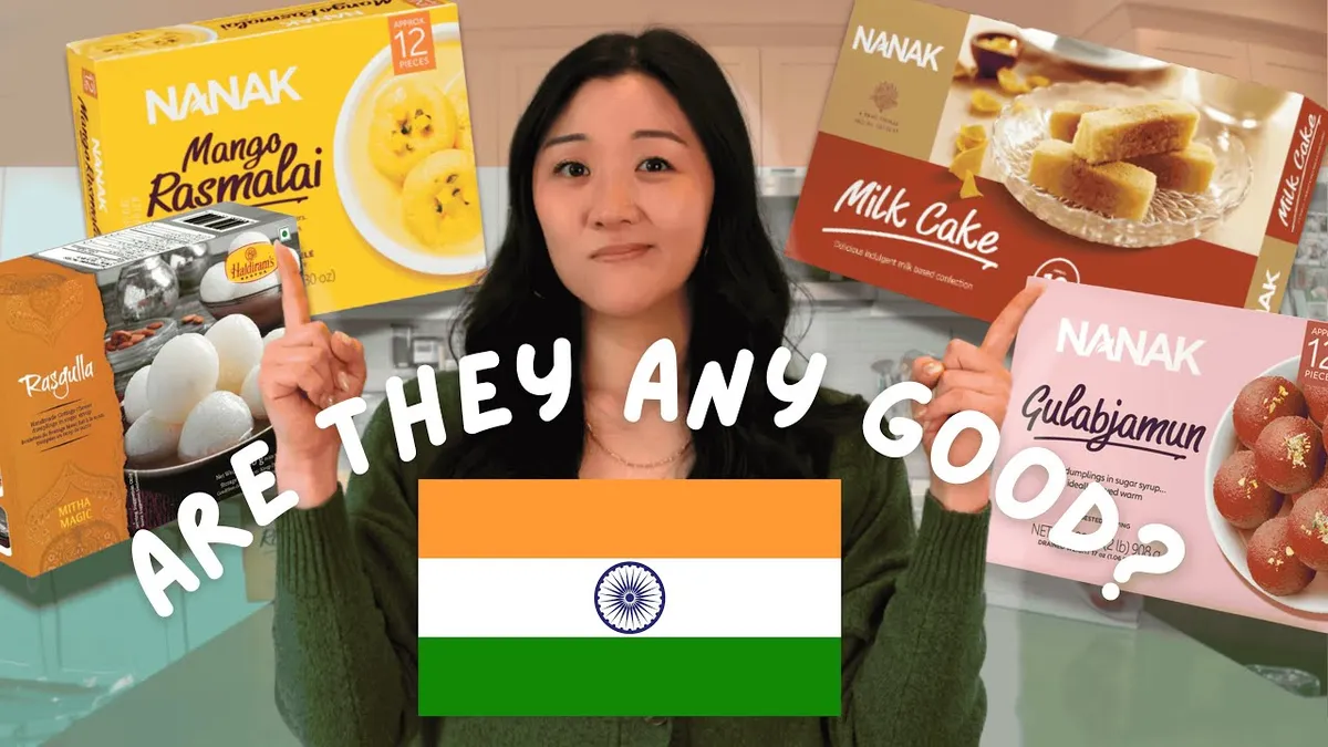 Jasmine Pak and George at a table with Nanak brand frozen Indian dessert packages including rasmalai, gulab jamun, and milk cake