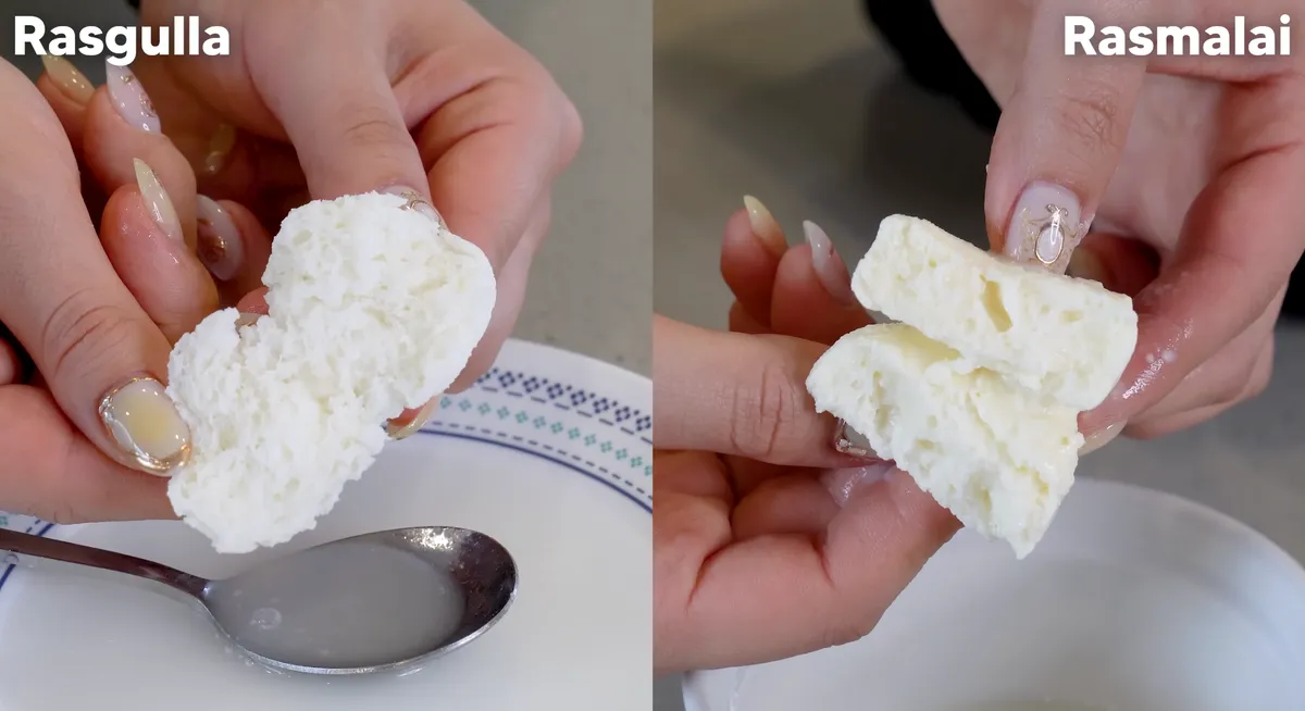 Side-by-side comparison of a torn rasgulla ball on the left and a broken rasmalai disc on the right showing their different textures