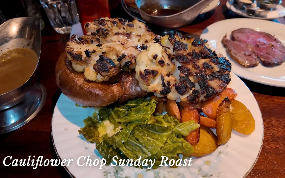 Black Lock charred cauliflower chop Sunday roast plate with roast potatoes and warm greens