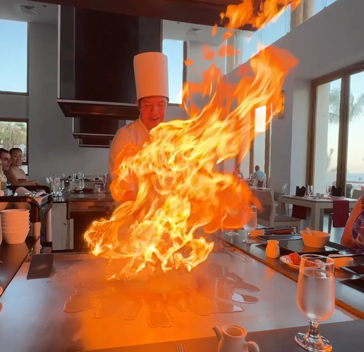 Hibachi dinner at Sakke, Marquis Los Cabos, teppanyaki-style with soy sauce and yum yum sauce