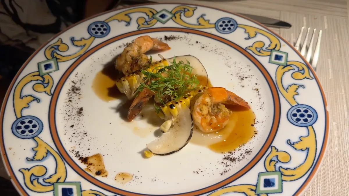 Shrimp appetizer with sweet corn sauce and the Aztec broth soup at Vista Ballenas, Marquis Los Cabos