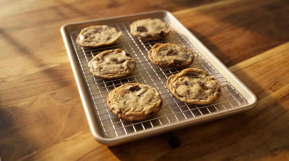 Chewy dark chocolate chip cookies cooling on a wire rack